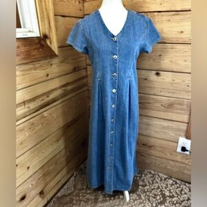 Vintage Blue Denim Button-Front Maxi Dress Western Retro Farmhouse Women’s 10 P